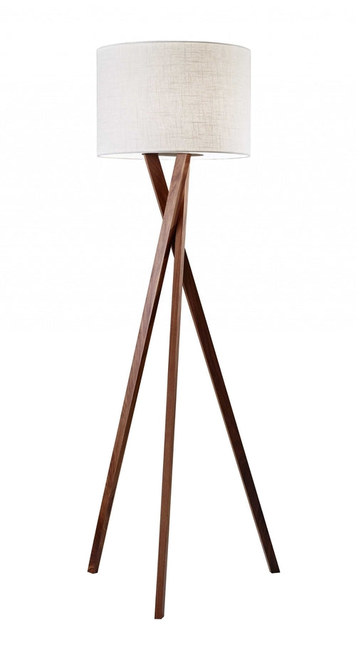 63" Brown And White Solid Wood Tripod Floor Lamp With White Linen Drum