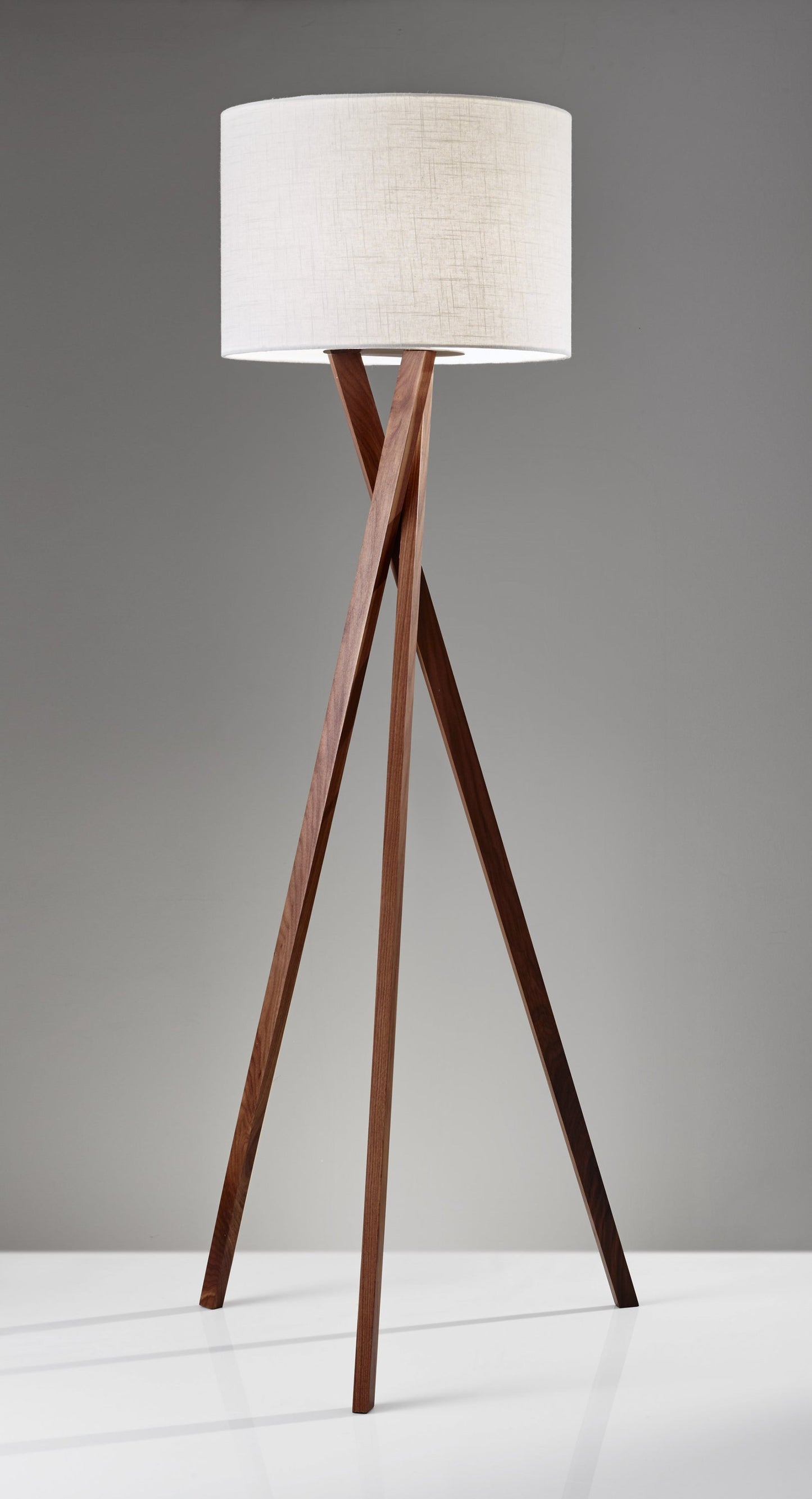 63" Brown And White Solid Wood Tripod Floor Lamp With White Linen Drum