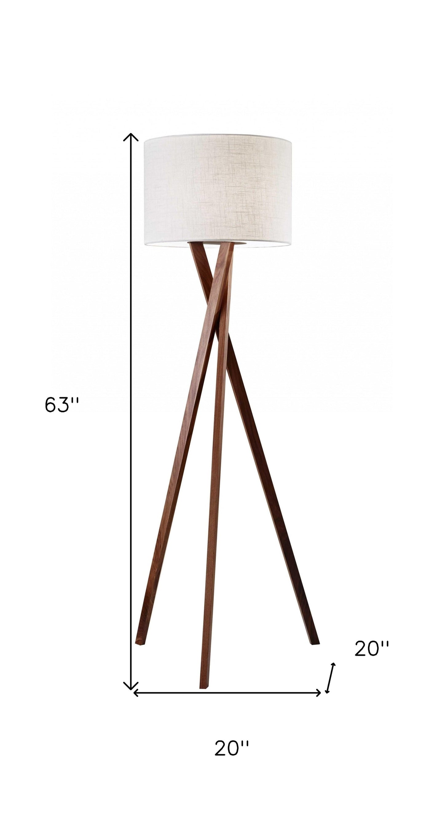 63" Brown And White Solid Wood Tripod Floor Lamp With White Linen Drum
