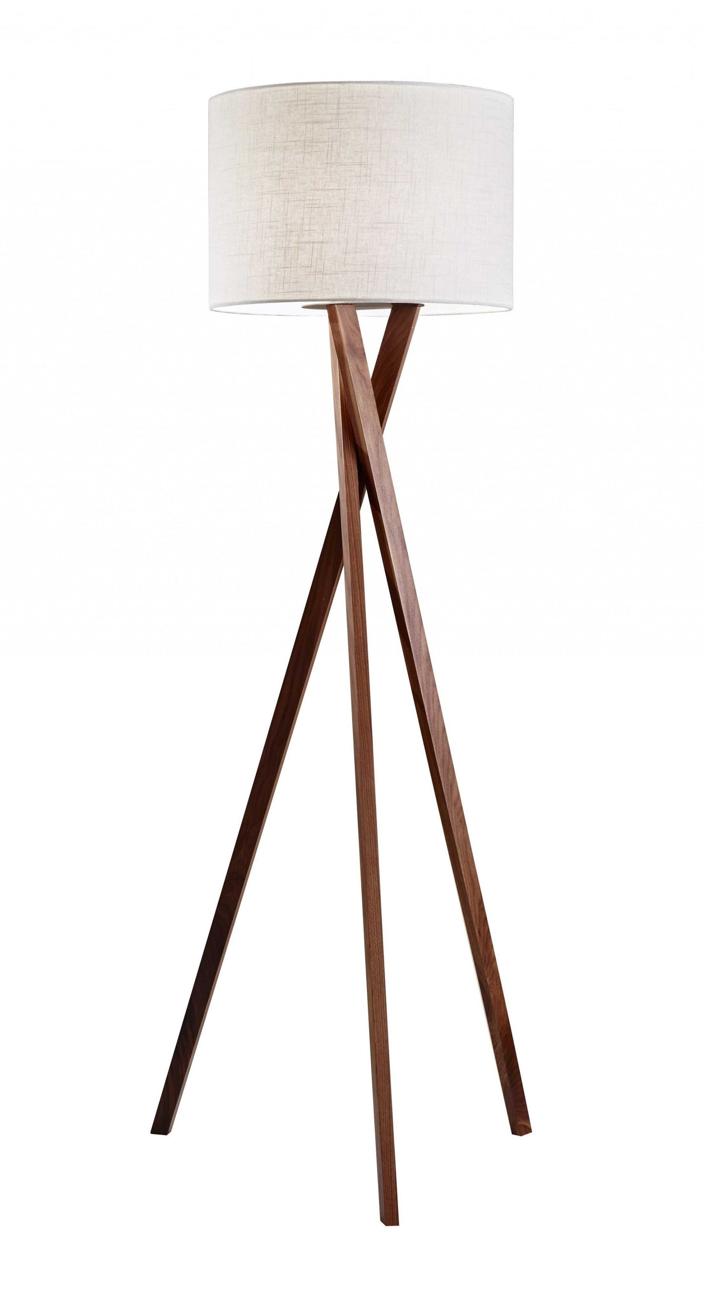 63" Brown And White Solid Wood Tripod Floor Lamp With White Linen Drum